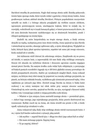 Davidowi strzelbę do poniesienia. Nagle ślad starego słonia znikł. Ścieżkę pokrywało
świeże łajno sporego stada, które wyszło widać z gęstwiny z lewej strony traktu. Juma
gwałtownym ruchem odebrał strzelbę Davidowi. Późnym popołudniem rzeczywiście
natrafili na stado i z leśnego ukrycia przyglądali się wielkim szarym cielskom,
ogromnym powiewającym uszom, niuchającym trąbom, które to zwijały się, to
rozwijały, wsłuchiwali się w trzask łamanych gałęzi, w łomot przewracanych drzew, do
ich uszu docierało burczenie wydobywające się ze słoniowych brzuchów, prask i
chlupot spadającego na ziemię łajna.
Znaleźli się znów bezpośrednio na tropie starego słonia, a kiedy zwierzę
skręciło na wąską, wydeptaną przez inne słonie ścieżkę, Juma spojrzał na ojca Davida
i uśmiechnął się szeroko, ukazując spiłowane zęby, a ojciec skinął głową. Wyglądali na
ludzi, których łączy jakaś sprośna tajemnica, zupełnie tak samo jak owego wieczoru,
kiedy znalazł ich w osiedlu.
Już niebawem mieli dotrzeć do sekretnego miejsca. Znajdowało się na prawo
od ścieżki, w samym lesie, a zaprowadziły ich tam ślady stóp wielkiego zwierzęcia.
Oczom ich ukazała się wybielona słońcem i deszczem ogromna czaszka sięgająca
niemal piersi Davida. Na samym środku czoła widać było wklęśnięcie, a poczynając
od białych pustych oczodołów ciągnęły się w dół dwie głębokie szramy prowadzące do
dwóch przepastnych otworów, śladów po wyrąbanych niegdyś kłach. Juma wskazał
miejsce, na którym stary słoń stanął, by popatrzeć na czaszkę zabitego przyjaciela, na
piasek, na którym widniała bruzda, wyżłobiona gdy rytmicznie przesuwał trąbę, i dwa
wgłębienia po ostrzach jego kłów. Zwrócił uwagę Davida na dziurę w białej kości
czołowej i na cztery mniejsze tuż obok siebie przy samym otworze usznym.
Uśmiechnął się znów szeroko, spojrzał na Davida, na ojca, wyciągnął z kieszeni nabój
kalibru 7,65 i wsunął jego czubek w ziejącą pośrodku czoła dziurę.
— Właśnie w tym miejscu Juma zastrzelił tamtego słonia — powiedział ojciec.
— Askari tego naszego, jego największego przyjaciela, który prawie dorównywał mu
rozmiarami. Bydlak rzucił się na Jumę, ale Juma strzelił mu prosto w łeb, a kiedy
upadł, wykończył go strzałami w ucho.
Juma wskazywał ręką ślady stóp wielkiego słonia wśród rozrzuconych kości. I
on, i ojciec byli bardzo zadowoleni z sytuacji, jaką zastali.
— Jak myślisz — zapytał David ojca — długo ten słoń i jego askari byli ze sobą?
— Nie mam zielonego pojęcia. Zapytaj Jumę.
— Ty go zapytaj, dobrze?
 