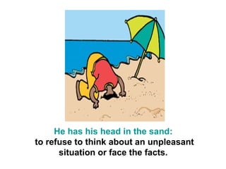 He has his head in the sand:
to refuse to think about an unpleasant
      situation or face the facts.
 