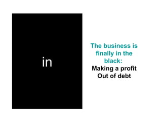 The business is
      finally in the
in       black:
     Making a profit
       Out of debt
 