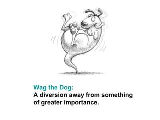 Wag the Dog:
A diversion away from something
of greater importance.
 