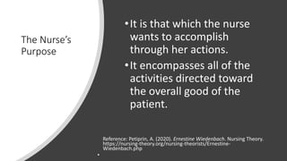 The Nurse’s
Purpose
•It is that which the nurse
wants to accomplish
through her actions.
•It encompasses all of the
activities directed toward
the overall good of the
patient.
Reference: Petiprin, A. (2020). Ernestine Wiedenbach. Nursing Theory.
https://nursing-theory.org/nursing-theorists/Ernestine-
Wiedenbach.php
•
 
