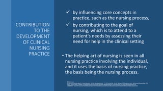 CONTRIBUTION
TO THE
DEVELOPMENT
OF CLINICAL
NURSING
PRACTICE
 by influencing core concepts in
practice, such as the nursing process,
 by contributing to the goal of
nursing, which is to attend to a
patient's needs by assessing their
need for help in the clinical setting
• The helping art of nursing is seen in all
nursing practice involving the individual,
and it uses the basis of nursing practice,
the basis being the nursing process.
Reference:
Ernestine Wiedenbach’s Contribution To the Development... | 123 Help Me. (n.d.). Www.123helpme.com. Retrieved November 18,
2022, from https://www.123helpme.com/essay/Ernestine-Wiedenbachs-Contribution-To-the-Development-of-
188806#:~:text=Ernestine%20Wiedenbach%27s%20theory%20has%20contributed%20to%20the%20development
 