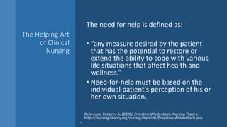The Helping Art
of Clinical
Nursing
The need for help is defined as:
• “any measure desired by the patient
that has the potential to restore or
extend the ability to cope with various
life situations that affect health and
wellness.”
• Need-for-help must be based on the
individual patient’s perception of his or
her own situation.
Reference: Petiprin, A. (2020). Ernestine Wiedenbach. Nursing Theory.
https://nursing-theory.org/nursing-theorists/Ernestine-Wiedenbach.php
•
 