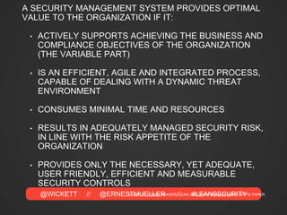 @WICKETT // @ERNESTMUELLER // #LEANSECURITY
UNDERSTAND THE
VALUE YOUR
ORGANIZATION WANTS
FROM YOU
 