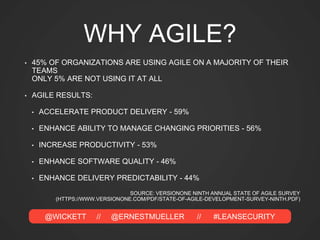 @WICKETT // @ERNESTMUELLER // #LEANSECURITY
WHY AGILE?
• 45% OF ORGANIZATIONS ARE USING AGILE ON A MAJORITY OF THEIR
TEAMS...