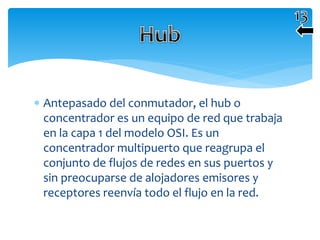  Antepasado del conmutador, el hub o
concentrador es un equipo de red que trabaja
en la capa 1 del modelo OSI. Es un
concentrador multipuerto que reagrupa el
conjunto de flujos de redes en sus puertos y
sin preocuparse de alojadores emisores y
receptores reenvía todo el flujo en la red.
 