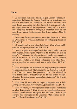 Notas:
1
A expressão trazimento foi criada por Guillon Ribeiro, ex-
presidente da Federação Espírita Brasileira, na tentativa de tra-
duzir os fenômenos de “transporte” de objetos ou seres vivos
para dentro (apport) ou para fora (asport) de um recinto fecha-
do, respectivamente. O termo genérico “transporte” nos parece
mais adequado por melhor abranger o fenômeno, tanto de fora
para dentro quanto de dentro para fora de um recinto. (Nota do
revisor).
2
Bozzano refere-se, certamente, à sua obra Pensiero e Volon-
tà (Pensamento e Vontade), publicada em português pela editora
FEB. (N. R.)
3
O narrador refere-se à obra Animismo e Espiritismo, publi-
cada em português pela editora FEB. (N. R.)
4
As três seguintes monografias de Bozzano, citadas nas últi-
mas páginas, quais sejam: “Aparições de defuntos no leito de
morte”, “Fenômenos de telecinesia em relação com aconteci-
mentos de morte” e “Música transcendental”, foram reunidas
em um único volume, em língua portuguesa, sob o título Fenô-
menos psíquicos no momento da morte, pela editora FEB. (N.
R.)
5
Essa monografia foi publicada em língua portuguesa em um
volume denominado As Materializações de Espíritos, pela edi-
tora ECO, que contém duas pequenas obras: “As Materializa-
ções de fantasmas”, de Paul Gibier, e a descrita acima, “Materi-
alizações de fantasmas em proporções minúsculas”, de Ernesto
Bozzano. (N. R.)
6
Essa obra foi publicada em língua portuguesa sob o título
Xenoglossia (mediunidade poliglota), pela editora FEB. (N. R.)
7
Esse fenômeno, os raps (pancadas mediúnicas), é abordado
na obra denominada O Espiritismo e as manifestações supra-
normais, publicada em português pela editora O Clarim e que
contém duas monografias de Bozzano: “Remontando às ori-
gens” e “Breve história dos raps”. (N. R.)
 
