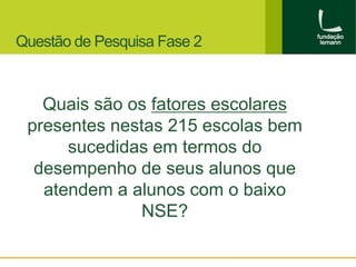 Questão de Pesquisa Fase 2 
Quais são os fatores escolares 
presentes nestas 215 escolas bem 
sucedidas em termos do 
desempenho de seus alunos que 
atendem a alunos com o baixo 
NSE? 
 