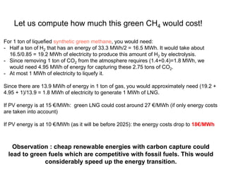 Let us compute how much this green CH4 would cost!
For 1 ton of liquefied synthetic green methane, you would need:
- Half a ton of H2 that has an energy of 33.3 MWh/2 = 16.5 MWh. It would take about
16.5/0.85 = 19.2 MWh of electricity to produce this amount of H2 by electrolysis.
- Since removing 1 ton of CO2 from the atmosphere requires (1.4+0.4)=1.8 MWh, we
would need 4.95 MWh of energy for capturing these 2.75 tons of CO2.
- At most 1 MWh of electricity to liquefy it.
Since there are 13.9 MWh of energy in 1 ton of gas, you would approximately need (19.2 +
4.95 + 1)/13.9 = 1.8 MWh of electricity to generate 1 MWh of LNG.
If PV energy is at 15 €/MWh: green LNG could cost around 27 €/MWh (if only energy costs
are taken into account)
If PV energy is at 10 €/MWh (as it will be before 2025): the energy costs drop to 18€/MWh
Observation : cheap renewable energies with carbon capture could
lead to green fuels which are competitive with fossil fuels. This would
considerably speed up the energy transition.
 