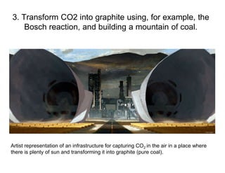 Artist representation of an infrastructure for capturing CO2 in the air in a place where
there is plenty of sun and transforming it into graphite (pure coal).
3. Transform CO2 into graphite using, for example, the
Bosch reaction, and building a mountain of coal.
 