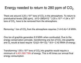 There are around 3.25 x 1012 tons of CO2 in the atmosphere. To return to
preindustrial levels (280 ppm), (412−280)/412 * 3.25 x 1012 =1.04 x 1012
tons of CO2 have to be removed from the atmosphere.
Removing 1 ton of CO2 from the atmosphere requires (1.4+0.4)=1.8 MWh.
One ton of graphite generates 8.9 MWh when combusted. Due to the
energy conservation principle, transforming one ton of CO2 into graphite
and O2 would at least require 12/((2 16+12)) * 8.9 = 2.42 MWh of energy.
Transforming 1.05 x 1012 tons of CO2 into graphite would require a
minimum of 4,431,000 TWh of energy. This is 40 times our annual final
energy consumption.
Energy needed to return to 280 ppm of CO2
 