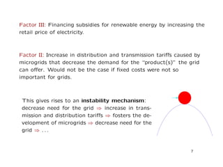 Factor III: Financing subsidies for renewable energy by increasing the
retail price of electricity.
Factor II: Increase in distribution and transmission tariﬀs caused by
microgrids that decrease the demand for the “product(s)” the grid
can oﬀer. Would not be the case if ﬁxed costs were not so
important for grids.
This gives rises to an instability mechanism:
decrease need for the grid ⇒ increase in trans-
mission and distribution tariﬀs ⇒ fosters the de-
velopment of microgrids ⇒ decrease need for the
grid ⇒ . . .
7
 