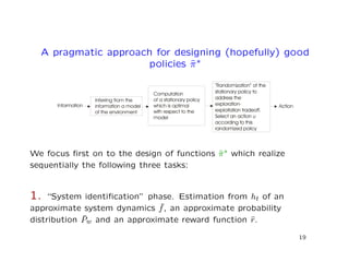A pragmatic approach for designing (hopefully) good
policies ˆπ∗
We focus ﬁrst on to the design of functions ˆπ∗ which realize
sequentially the following three tasks:
1. “System identiﬁcation” phase. Estimation from ht of an
approximate system dynamics ˆf, an approximate probability
distribution ˆPw and an approximate reward function ˆr.
19
 