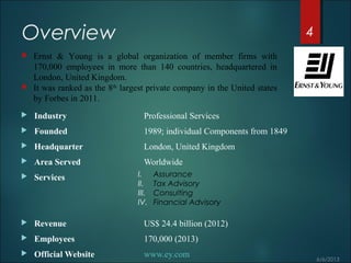 Overview
 Industry Professional Services
 Founded 1989; individual Components from 1849
 Headquarter London, United Kingdom
 Area Served Worldwide
 Services
 Revenue US$ 24.4 billion (2012)
 Employees 170,000 (2013)
 Official Website www.ey.com
I. Assurance
II. Tax Advisory
III. Consulting
IV. Financial Advisory
 Ernst & Young is a global organization of member firms with
170,000 employees in more than 140 countries, headquartered in
London, United Kingdom.
 It was ranked as the 8th
largest private company in the United states
by Forbes in 2011.
4
 