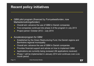 Recent policy initiatives

►

GBM pilot program (financed by Fornyelsesfonden, now
Markedsmodningsfonden)
►
►
►

►

Overall aim: advance the use of GBM in Danish companies
Five companies continued into phase 2 of the program in July 2013
Project period: October 2012 – July 2014

Acceleratorprogram for GBM
►

►
►
►
►

Page 10

Established by the Green Restructuring Fund, the Danish regions and
Bornholms regional municipality
Overall aim: advance the use of GBM in Danish companies
Provides financial support and advise on how to implement GBM
Applications are currently being reviewed (56 applications received)
Phase 1 will be implemented in January 2014 and continues over a six
month period
Green Business Models

 