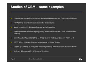 Studies of GBM – some examples

►

EU Commission (2008): Promoting Innovative Business Models with Environmental Benefits

►

FORA (2010): Green Business Models in the Nordic Region

►

Nordic Innovation (2012): Green Business Model Innovation

►

US Environmental Protection Agency (2009): “Green Servicizing” for a More Sustainable US
Economy”

►

Ellen MacArthur Foundation (2012 og 2013): Towards the Circular Economy (Vol. 1 og 2)

►

OECD (2013): Why New Business Models Matter for Green Growth

►

EU (2013): Exchange of good policy practices promoting Innovative/Green Business Models

►

McKinsey & Company (2011): Resource Revolution

Page 5

Green Business Models

 