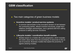 GBM classification

►

Two main categories of green business models:
►

Incentive models / product-service systems
►

►

Lifecycle models / coordination benefit models
►

Page 8

A common denominator is the innovative division of risk between
the contracting parties, altered incentive structures, longer-term
relations (strategic partnerships), and a general shift from selling
products to selling services /functions

Models based on a holistic life cycle perspective, which includes
the entire value chain from the purchasing of resources to the reuse of products. Business models that exploit the proximity of
agents (sharing models)
Green Business Models

 