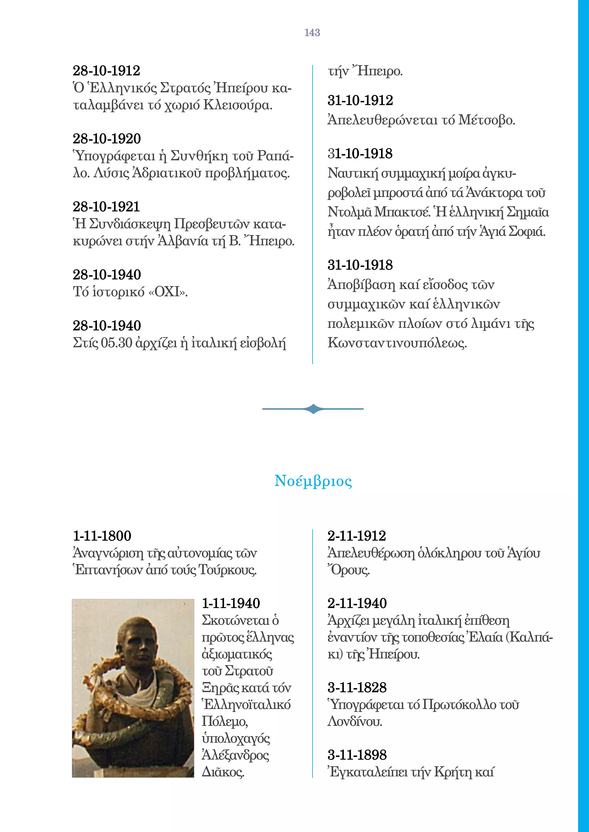 143


28-10-1912	                                  τήν Ἤπειρο.
Ὁ Ἑλληνικός Στρατός Ἠπείρου κα-
ταλαμβάνει τό χωριό Κλεισούρα.               31-10-1912 	
                                             Ἀπελευθερώνεται τό Μέτσοβο.
28-10-1920 	
Ὑπογράφεται ἡ Συνθήκη τοῦ Ραπά-              31-10-1918 	
λο. Λύσις Ἀδριατικοῦ προβλήματος.            Ναυτική συμμαχική μοίρα ἀγκυ-
                                             ροβολεῖ μπροστά ἀπό τά Ἀνάκτορα τοῦ
28-10-1921	                                  Ντολμᾶ Μπακτσέ. Ἡ ἑλληνική Σημαῖα
Ἡ Συνδιάσκεψη Πρεσβευτῶν κατα-
                                             ἦταν πλέον ὁρατή ἀπό τήν Ἁγιά Σοφιά.
κυρώνει στήν Ἀλβανία τή Β. Ἤπειρο.
                                             31-10-1918 	
28-10-1940 	
                                             Ἀποβίβαση καί εἴσοδος τῶν
Τό ἱστορικό «ΟΧΙ».
                                             συμμαχικῶν καί ἑλληνικῶν
28-10-1940                                   πολεμικῶν πλοίων στό λιμάνι τῆς
Στίς 05.30 ἀρχίζει ἡ ἰταλική εἰσβολή         Κωνσταντινουπόλεως.




                                 Νοέμβριος


1-11-1800 	                                  2-11-1912 	
Ἀναγνώριση τῆς αὐτονομίας τῶν                Ἀπελευθέρωση ὁλόκληρου τοῦ Ἁγίου
Ἑπτανήσων ἀπό τούς Τούρκους.                 Ὄρους.

                     1-11-1940               2-11-1940 	
                     Σκοτώνεται ὁ            Ἀρχίζει μεγάλη ἰταλική ἐπίθεση
                     πρῶτος ἕλληνας          ἐναντίον τῆς τοποθεσίας Ἐλαία (Καλπά-
                     ἀξιωματικός             κι) τῆς Ἠπείρου.
                     τοῦ Στρατοῦ
                     Ξηρᾶς κατά τόν          3-11-1828 	
                     Ἑλληνοϊταλικό           Ὑπογράφεται τό Πρωτόκολλο τοῦ
                     Πόλεμο,                 Λονδίνου.
                     ὑπολοχαγός
                     Ἀλέξανδρος              3-11-1898 	
                     Διᾶκος.	                Ἐγκαταλείπει τήν Κρήτη καί
 