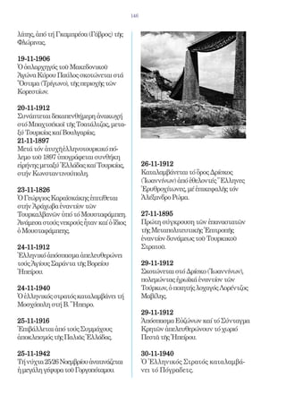 146


λίπης, ἀπό τή Γκαμπρέσα (Γάβρος) τῆς
Φλώρινας.

19-11-1906 	
Ὁ ὁπλαρχηγός τοῦ Μακεδονικοῦ
Ἀγώνα Κύρου Παύλος σκοτώνεται στά
Ὄστιμα (Τρίγωνο), τῆς περιοχῆς τῶν
Κορεστίων.

20-11-1912 	
Συνάπτεται δεκαπενθήμερη ἀνακωχή
στό Μπαχτσέκιοϊ τῆς Τσατάλτζας, μετα-
ξύ Τουρκίας καί Βουλγαρίας.
21-11-1897 	
Μετά τόν ἀτυχῆ ἑλληνοτουρκικό πό-
λεμο τοῦ 1897 ὑπογράφεται συνθήκη
εἰρήνης μεταξύ Ἑλλάδας καί Τουρκίας,           26-11-1912 	
στήν Κωνσταντινούπολη.                         Καταλαμβάνεται τό ὄρος Δρίσκος
                                               (Ἰωαννίνων) ἀπό ἐθελοντές Ἕλληνες
23-11-1826 	                                   Ἐρυθροχίτωνες, μέ ἐπικεφαλῆς τόν
Ὁ Γεώργιος Καραϊσκάκης ἐπιτίθεται              Ἀλέξανδρο Ρώμα.
στήν Ἀράχωβα ἐναντίον τῶν
Τουρκαλβανῶν ὑπό τό Μουσταφάμπεη.              27-11-1895 	
Ἀνάμεσα στούς νεκρούς ἦταν καί ὁ ἴδιος         Πρώτη σύγκρουση τῶν ἐπαναστατῶν
ὁ Μουσταφάμπεης.                               τῆς Μεταπολιτευτικῆς Ἐπιτροπῆς
                                               ἐναντίον δυνάμεως τοῦ Τουρκικοῦ
24-11-1912 	                                   Στρατοῦ.
Ἑλληνικό ἀπόσπασμα ἀπελευθερώνει
τούς Ἁγίους Σαράντα τῆς Βορείου                29-11-1912 	
Ἠπείρου.                                       Σκοτώνεται στό Δρίσκο (Ἰωαννίνων),
                                               πολεμώντας ἡρωϊκά ἐναντίον τῶν
24-11-1940 	                                   Τούρκων, ὁ ποιητής λοχαγός Λορέντζος
Ὁ ἑλληνικός στρατός καταλαμβάνει τή            Μαβίλης.
Μοσχόπολη στή Β. Ἤπειρο.
                                               29-11-1912 	
25-11-1916 	                                   Ἀπόσπασμα Εὐζώνων καί τό Σύνταγμα
Ἐπιβάλλεται ἀπό τούς Συμμάχους                 Κρητῶν ἀπελευθερώνουν τό χωριό
ἀποκλεισμός τῆς Παλιᾶς Ἑλλάδας.                Πεστᾶ τῆς Ἠπείρου.

25-11-1942 	                                   30-11-1940 	
Τή νύχτα 25/26 Νοεμβρίου ἀνατινάζεται          Ὁ Ἑλληνικός Στρατός καταλαμβά-
ἡ μεγάλη γέφυρα τοῦ Γοργοπόταμου.              νει τό Πόγραδετς.
 