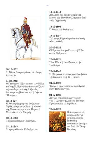148


                                          14-12-1943 	
                                          Λεηλασία καί καταστροφή τῆς
                                          Μονῆς τοῦ Μεγάλου Σπηλαίου ἀπό
                                          τούς Γερμανούς.

                                          18-12-1803 	
                                          Ὁ Χορός τοῦ Ζαλόγγου.

                                          19-12-1797 	
                                          Σύλληψη Ρήγα Φεραίου ἀπό τούς
                                          Αὐστριακούς.

                                          20-12-1522 	
                                          Οἱ Βρετανοί παραδίνουν τή Ρόδο
                                          στούς Τούρκους.

                                          20-12-1821 	
                                          Ἡ Α΄ Ἐθνική Συνέλευση στήν
                                          Ἐπίδαυρο.
10-12-1832 	
Ἡ Σάμος ἀναγνωρίζεται αὐτόνομη            22-12-1940 	
ἡγεμονία.                                 Ὁ ἑλληνικός στρατός καταλαμβάνει
                                          τή Χειμάρρα στή Β. Ἤπειρο.
11-12-1942 	
Οἱ Ὑπουργοί Ἐξωτερικῶν τῶν ΗΠΑ            24-12-1820 	
καί τῆς Μ. Βρετανίας ἀναγνωρίζουν         Ἔναρξη προετοιμασίας τοῦ Ἀγώνα
τήν ἀνεξαρτησία τῆς Ἀλβανίας              στήν Πελοπόννησο.
(συμπεριλαμβανόταν καί ἡ Βόρεια
Ἤπειρος).                                 24-12-1920 	
                                          Ἀρχίζει ἐπιθετική ἀναγνώριση
12-12-627 	                               τοῦ Γ΄ Σώματος Στρατοῦ ἀπό τήν
Ὁ Αὐτοκράτορας τοῦ Βυζαντίου              Προῦσα πρός τό Δορύλαιο.
Ἡράκλειος συντρίβει στή Νινευΐ
τῆς Μεσσοποταμίας τόν Περσικό             25-12-1822 	
Στρατό ὑπό τόν Χοσρόη.                                   Οἱ ὑπερασπιστές
                                                         τοῦ Μεσολογγί-
12-12-1803 	                                             ου ἀποκρούουν
Τό ὁλοκαύτωμα στό Κούγκι.                                ἐπιθέσεις
                                                         τουρκικῶν δυνάμε-
13-12-1943 	                                             ων, ὑπό τόν Ὀμέρ
Ἡ τραγωδία τῶν Καλαβρύτων.                               Βρυώνη.
 