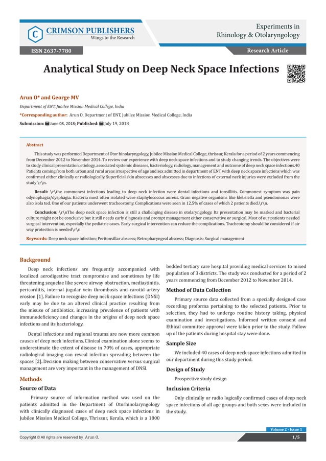 Analytical Study on Deep Neck Space Infections | PDF