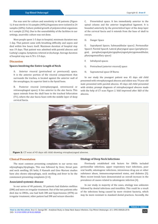 3/5
How to cite this article: Arun O, George MV . Analytical Study on Deep Neck Space Infections. Exp Rhinol Otolaryngol. 2(1). ERO.000528.2018.
DOI: 10.31031/ERO.2018.02.000528
Exp Rhinol Otolaryngol
Volume 2 - Issue 1
Copyright © Arun O
Pus was sent for culture and sensitivity in 40 patients (Figure
1). It was sterile in 16 samples (40%).Organisms were isolated in 24
samples (60%). Culture yielded growth of polymicrobial organisms
in 1 sample (2.5%). Due to the unavailability of the facilities in our
settings, anaerobic culture was not done.
Most people spent 1-5 days in hospital, minimum duration was
1 day. That patient came with breathing difficulty and sepsis and
died within few hours itself. Maximum duration of hospital stay
was 19 days. That patient was admitted with parotid abscess and
Ludwig’s angina. Symptoms relieved at discharge. Average duration
of hospital stay was 6.78 ± 3.9 days.
Discussion
Spaces Involving the Entire Length of Neck
A.	 Anterior visceral (pretracheal or previsceral) space.
It is the anterior portion of the visceral compartment that
surrounds the trachea, is located against the anterior wall of
the oesophagus, its superior limit is the hyoid bone.
B.	 Posterior visceral (retropharyngeal, retrovisceral or
retroesophageal space). It lies anterior to the alar fascia. This
space extends from the skull base to the tracheal bifurcation
(T1), where the alar fascia fuses with the middle layer of deep
cervical fascia.
C.	 Prevertebral space. It lies immediately anterior to the
spinal column and the anterior longitudinal ligament. It is
bounded anteriorly by the prevertebral layer of the deep layer
of the cervical fascia and it extends from the base of skull to
coccyx.
D.	 Danger Space
E.	 Suprahyoid Spaces. Submandibular space2. Peritonsillar
Space3. Parotid Space4. Lateral pharyngeal space (peripharyn-
geal, parapharyngeal,pterygopharyngeal,pterygomandibular,
pharyngomaxillary space)
F.	 Infrahyoid spaces
G.	 Pretracheal (anterior visceral) space
H.	 Suprasternal space Of Burns
In our study the youngest patient was 45 days old child
presented with retropharyngeal abscess and oldest was 70 year old
male presented with parotid abscess. 45 days old child presented
with stridor, prompt diagnosis of retropharyngeal abscess made
with the help of CT scan Figure 2. hild improved after I&D of the
abscess.
Figure 2: CT scan of 45 days old child showing retropharyngeal abscess.
Clinical Presentation
The most common presenting complaints in our series was
odynophagia/dysphagia. This was followed by fever, throat pain
and neck swelling. DS Sethi, P. Kamath and Gino Marioni studies
have also shown odynophagia, neck swelling and fever to be the
commonest presenting complaints [2-4].
Associated systemic disease
In our series of 40 patients, 10 patients had diabetes mellitus
(DM) and were on irregular treatment. Out of the two patients who
died due to DNSIs, one had both DM and hypertension (HTN) on
irregular treatment; other patient had DM and seizure disorder.
Etiology of Deep Neck Infections
Previously established risk factors for DNSIs included
peritonsillar infections, upper respiratory tract infections, poor
oral health, odontogenic infections, intravenous drug use or other
substance abuse, immunocompromised states, and diabetes [5].
More recent trends have demonstrated an overall increase in the
prevalence of causes related to odontogenic infection [4].
In our study, in majority of the cases, etiology was unknown
followed by dental infections and tonsillitis. This could be a result
of the infections being caused by more virulent bacteria, which
may be more resistant to standard dental practices. Secondly, the
 