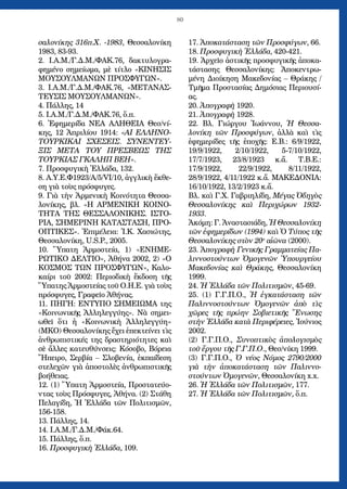 80
σαλονίκης 316π.Χ. -1983, Θεσσαλονίκη
1983, 83-93.
2. Ι.Α.Μ./Γ.Δ.Μ./ΦΑΚ.76, δακτυλογρα-
φημένο σημείωμα, μὲ τίτλο «ΚΙΝΗΣΙΣ
ΜΟΥΣΟΥΛΜΑΝΩΝ ΠΡΟΣΦΥΓΩΝ».
3. Ι.Α.Μ./Γ.Δ.Μ./ΦΑΚ.76, «ΜΕΤΑΝΑΣ-
ΤΕΥΣΙΣ ΜΟΥΣΟΥΛΜΑΝΩΝ».
4. Πάλλης, 14
5. Ι.Α.Μ./Γ.Δ.Μ./ΦΑΚ.76, ὅ.π.
6. Ἐφημερίδα ΝΕΑ ΑΛΗΘΕΙΑ Θεσ/νί-
κης, 12 Ἀπριλίου 1914: «ΑΙ ΕΛΛΗΝΟ-
ΤΟΥΡΚΙΚΑΙ ΣΧΕΣΕΙΣ. ΣΥΝΕΝΤΕΥ-
ΞΙΣ ΜΕΤΑ ΤΟΥ ΠΡΕΣΒΕΩΣ ΤΗΣ
ΤΟΥΡΚΙΑΣ ΓΚΑΛΗΠ ΒΕΗ».
7. Προσφυγικὴ Ἑλλάδα, 132.
8. Α.Υ.Ε.Φ1923/Α/5/VI/10, ἀγγλικὴ ἔκθε-
ση γιὰ τοὺς πρόσφυγες.
9. Γιὰ τὴν Ἀρμενικὴ Κοινότητα Θεσσα-
λονίκης, βλ. «Η ΑΡΜΕΝΙΚΗ ΚΟΙΝΟ-
ΤΗΤΑ ΤΗΣ ΘΕΣΣΑΛΟΝΙΚΗΣ. ΙΣΤΟ-
ΡΙΑ, ΣΗΜΕΡΙΝΗ ΚΑΤΑΣΤΑΣΗ, ΠΡΟ-
ΟΠΤΙΚΕΣ». Ἐπιμέλεια: Ἰ.Κ. Χασιώτης,
Θεσσαλονίκη, U.S.P., 2005.
10. Ὕπατη Ἁρμοστεία, 1) «ΕΝΗΜΕ-
ΡΩΤΙΚΟ ΔΕΛΤΙΟ», Ἀθήνα 2002, 2) «Ο
ΚΟΣΜΟΣ ΤΩΝ ΠΡΟΣΦΥΓΩΝ», Καλο-
καίρι τοῦ 2002: Περιοδικὴ ἔκδοση τῆς
Ὕπατης Ἁρμοστείας τοῦ Ο.Η.Ε. γιὰ τοὺς
πρόσφυγες, Γραφεῖο Ἀθήνας.
11. ΠΗΓΗ: ΕΝΤΥΠΟ ΣΗΜΕΙΩΜΑ της
«Κοινωνικῆς Ἀλληλεγγύης». Νὰ σημει-
ωθεῖ ὅτι ἡ «Κοινωνικὴ Ἀλληλεγγύη»
(ΜΚΟ) Θεσσαλονίκης ἔχει ἐπεκτείνει τὶς
ἀνθρωπιστικές της δραστηριότητες καὶ
σὲ ἄλλες κατευθύνσεις: Κόσοβο, Βόρεια
Ἤπειρο, Σερβία – Σλοβενία, ἐκπαίδεση
στελεχῶν γιὰ ἀποστολὲς ἀνθρωπιστικῆς
βοήθειας.
12. (1) Ὕπατη Ἁρμοστεία, Προστατεύο-
ντας τοὺς Πρόσφυγες, Ἀθήνα. (2) Στάθη
Πελαγίδη, Ἡ Ἑλλάδα τῶν Πολιτισμῶν,
156-158.
13. Πάλλης, 14.
14. Ι.Α.Μ./Γ.Δ.Μ./Φάκ.64.
15. Πάλλης, ὅ.π.
16. Προσφυγικὴ Ἑλλάδα, 109.
17. Ἀποκατάσταση τῶν Προσφύγων, 66.
18. Προσφυγικὴ Ἑλλάδα, 420-421.
19. Ἀρχεῖο ἀστικῆς προσφυγικῆς ἀποκα-
τάστασης Θεσσαλονίκης: Ἀποκεντρω-
μένη Διοίκηση Μακεδονίας – Θράκης /
Τμῆμα Προστασίας Δημόσιας Περιουσί-
ας.
20. Ἀπογραφὴ 1920.
21. Ἀπογραφὴ 1928.
22. Βλ. Γιώργου Ἰωάννου, Ἡ Θεσσα-
λονίκη τῶν Προσφύγων, ἀλλὰ καὶ τὶς
ἐφημερίδες τῆς ἐποχῆς: Ε.Β.: 6/9/1922,
19/9/1922, 2/10/1922, 5-7/10/1922,
17/7/1923, 23/8/1923 κ.ἄ. Τ.Β.Ε.:
17/9/1922, 22/9/1922, 8/11/1922,
28/9/1922, 4/11/1922 κ.ἄ. ΜΑΚΕΔΟΝΙΑ:
16/10/1922, 13/2/1923 κ.ἄ.
Βλ. καὶ Γ.Χ. Γαβριηλίδη, Μέγας Ὁδηγὸς
Θεσσαλονίκης καὶ Περιχώρων 1932-
1933.
Ἀκόμη: Γ. Ἀναστασιάδη, Ἡ Θεσσαλονίκη
τῶν ἐφημερίδων (1994) καὶ Ὁ Τύπος τῆς
Θεσσαλονίκης στὸν 20ο
αἰῶνα (2000).
23. Ἀπογραφὴ Γενικῆς Γραμματείας Πα-
λιννοστούντων Ὁμογενῶν Ὑπουργείου
Μακεδονίας καὶ Θράκης, Θεσσαλονίκη
1999.
24. Ἡ Ἑλλάδα τῶν Πολιτισμῶν, 45-69.
25. (1) Γ.Γ.Π.Ο., Ἡ ἐγκατάσταση τῶν
Παλιννοστούντων Ὁμογενῶν ἀπὸ τὶς
χῶρες τῆς πρώην Σοβιετικῆς Ἕνωσης
στὴν Ἑλλάδα κατὰ Περιφέρειες, Ἰούνιος
2002.
(2) Γ.Γ.Π.Ο., Συνοπτικὸς ἀπολογισμὸς
τοῦ ἔργου τῆς Γ.Γ.Π.Ο., Θεσ/νίκη 1999.
(3) Γ.Γ.Π.Ο., Ὁ νέος Νόμος 2790/2000
γιὰ τὴν ἀποκατάσταση τῶν Παλιννο-
στούντων Ὁμογενῶν, Θεσσαλονίκη x.x.
26. Ἡ Ἑλλάδα τῶν Πολιτισμῶν, 177.
27. Ἡ Ἑλλάδα τῶν Πολιτισμῶν, ὅ.π.
 