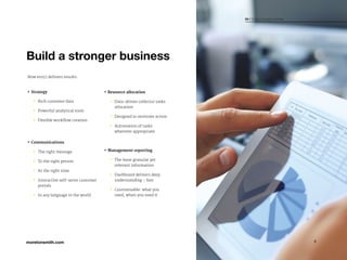 5
04 / Build a stronger business
Build a stronger business
How ero57 delivers results:
++ Rich customer data
++ Powerful analytical tools
++ Flexible workflow creation
++ Communications
++ The right message
++ To the right person
++ At the right time
++ Interactive self-serve customer
portals
++ In any language in the world
++ Resource allocation
++ Data-driven collector tasks
allocation
++ Designed to motivate action
++ Automation of tasks
wherever appropriate
++ Management reporting
++ The most granular yet
relevant information
++ Dashboard delivers deep
understanding – fast
++ Customisable: what you
need, when you need it
++ Strategy
 