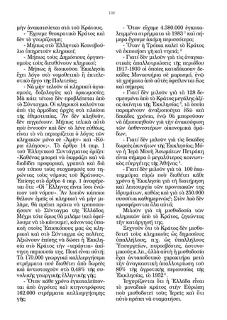 138


μὴν ἀ­ α­ α­ εύ­ ται στὰ τοῦ Κρά­ ους.
         ν κ τ ε­                       τ                  - Ὅ­ αν εἴ­ α­ ε 4.380.000 ἐγ­ α­ α­
                                                                 τ      χ μ                     κ τ
    - Ἔ­ ου­ ε θε­ ­ ρα­ ι­ ὸ Κρά­ ος καὶ
          χ μ         οκ τ κ          τ                λειμ­ έ­ α στρέμ­ α­ α τὸ 1983 1 καὶ σή­
                                                             μ ν           μ τ
δὲν τὸ γνω­ ί­ ου­ ε;
               ρζ μ                                    με­ α ἔ­ ου­ ε ἀ­ ό­ η πε­ ισ­ ό­ ε­ α;
                                                          ρ χ μ κ μ                 ρ σ τ ρ
    - Μή­ ως στὸ Ἑλ­ η­ ι­ ὸ Κοι­ ο­ ού­
           π              λ νκ         ν β                 - Ὅ­ αν ἡ Τρό­ κα κα­ εῖ τὸ Κρά­ ος
                                                                τ            ι        λ            τ
λιο ὑ­ η­ ε­ οῦν κλη­ ι­ οί;
       π ρ τ              ρκ                           νὰ ἐκ­ οι­ ­ ει γῆ καὶ νη­ ιά; 2
                                                              π ήσ                   σ
    - Μή­ ως τοὺς Δη­ ό­ ιους ὀρ­ α­ ι­
            π               μ σ          γ ν               - Για­ ί δὲν μι­ οῦν γιὰ τὶς ἀ­ αγ­ α­
                                                                  τ         λ                 ν κ
σμοὺς τοὺς δι­ υ­ ύ­ ουν κλη­ ι­ οί;
                   ε θ ν            ρκ                 στι­ ὲς ἀ­ αλ­ ο­ ρι­ ­ εις τῆς πε­ ι­ ­ ου
                                                           κ       π λ τ ώσ                   ρ όδ
    - Μή­ ως ἡ δι­ ι­ οῦ­ α Ἐκ­ λη­ ί­
            π           οκ σ          κ σα             1917-1930 οἱ ὁ­ οῖ­ ς κα­ α­ ί­ α­ αν δε­
                                                                           π ε        τ δκ σ
ἔ­ ει λό­ ο στὸ νο­ ο­ ε­ ι­ ὸ ἢ ἐ­ τε­ ε­
 χ         γ            μ θ τκ         κ λ             κά­ ες Μο­ α­ τή­ ια σὲ μα­ α­ μό, ἐ­ ῷ
                                                           δ         ν σ ρ               ρ σ        ν
στι­ ὸ ἔρ­ ο τῆς Πο­ ι­ εί­ ς;
    κ       γ            λτ α                          τὰ χρή­ α­ α ἀ­ ὸ αὐ­ ὲς ὀ­ εί­ ον­ αι ἕ­ ς
                                                                μ τ π           τ     φ λ τ ω
    - Νὰ μὴν τε­ οῦν οἱ κλη­ ι­ οὶ ἁ­ ια­
                    λ             ρκ       γ           καὶ σή­ ε­ α;
                                                                μ ρ
σμούς, δο­ ο­ ο­ ί­ ς καὶ ὁρ­ ω­ ο­ ί­ ς;
               ξ λ γε              κ μ σε                  - Για­ ί δὲν μι­ οῦν γιὰ τὰ 128 δε­
                                                                  τ          λ
Μὰ κά­ ι τέ­ οι­ δὲν προ­ λέ­ ε­ αι ἀ­ ὸ
          τ     τ ο            β π τ         π         σμευ­ έ­ α ἀ­ ὸ τὸ Κρά­ ος με­ ά­ ης ἀ­ ί­
                                                              μ ν π                τ       γ λ      ξ
τὸ Σύν­ αγ­ α. Οἱ κλη­ ι­ οὶ κα­ οῦν­ αι
          τ μ              ρκ        λ      τ          ας ἀ­ ί­ η­ α τῆς Ἐκ­ λη­ ί­ ς 3, τὰ ὁ­ οῖα
                                                             κν τ              κ σα              π
ἀ­ ὸ τὶς ἁρ­ ό­ ι­ ς ἀρ­ ὲς στὰ πλαί­ ια
 π              μ δε       χ                σ          πα­ α­ έ­ ουν ἀ­ α­ ι­ ­ οί­ ­ α ἐ­ ῶ καὶ
                                                           ρ μ ν           ν ξ οπ ητ         δ
τῆς ἐ­ ι­ ο­ υ­ ί­ ς. Ἂν δὲν κλη­ οῦν,
        θμ τ πα                         θ              δε­ ά­ ες χρό­ ια, ἐ­ ῷ θὰ μπο­ οῦ­ αν
                                                          κ δ          ν       ν             ρ σ
δὲν πη­ αί­ ουν. Μή­ ως τε­ ι­ ὰ αὐ­ ὸ
          γ ν             π        λκ        τ         νὰ ἀ­ ι­ ­ οι­ ­ οῦν γιὰ τὴν ἀ­ α­ ού­ ι­ η
                                                             ξ οπ ηθ                      ν κ φσ
ποὺ ἐν­ ο­ ῦν καὶ δὲν τὸ λέ­ ε εὐ­ έ­ ς,
          ν ο                      ν    θ ω            τῶν ἀ­ θε­ ε­ τέ­ ων οἰ­ ο­ ο­ ι­ ὰ ὁ­ ά­
                                                                σ ν σ ρ             κ ν μκ         μ
εἶ­ αι τὸ νὰ πε­ ι­ ­ ί­ ε­ αι ὁ λό­ ος τῶν
  ν                 ρ ορ ζ τ         γ                 δων;
κλη­ ι­ ῶν μό­ ο σὲ «Ἀμὴν» καὶ «Κύ­
      ρκ           ν                                       - Για­ ί δὲν μι­ οῦν γιὰ τὶς δε­ ά­ ες
                                                                  τ          λ                  κ δ
ρι­ ἐ­ έ­ ­ ον;». Τὸ ἄρ­ ρο 14 παρ. 1
   ε λ ησ                    θ                         δω­ ε­ ς ἀ­ ι­ ή­ ων τῆς Ἐκ­ λη­ ί­ ς; Μό­
                                                           ρ ὲ κν τ                    κ σα
τοῦ Ἑλ­ η­ ι­ οῦ Συν­ άγ­ α­ ος ὁ­ ί­ ει:
           λ νκ            τ μ τ         ρζ            νο ἡ Ἱ­ ­ ὰ Μο­ ὴ Ἀ­ ω­ ά­ ων Πε­ ρά­ η
                                                               ερ        ν     σ μ τ           τ κ
«Κα­ έ­ ας μπο­ εῖ νὰ ἐκ­ ρά­ ει καὶ νὰ
      θ ν           ρ          φ ζ                     εἶ­ αι σή­ ε­ α ὁ με­ α­ ύ­ ε­ ος κοι­ ω­ ι­
                                                         ν        μ ρ         γ λ τ ρ           ν ν
δι­ ­ ί­ ει προ­ ο­ ι­ ά, γρα­ τὰ καὶ διὰ
  αδ δ           φ ρκ           π                      κὸς εὐ­ ρ­ έ­ ης τῆς Ἀ­ ή­ ας 4.
                                                                ε γ τ             θ ν
τοῦ τύ­ ου τοὺς στο­ α­ μούς του τη­
          π                χ σ                             - Για­ ί δὲν μι­ οῦν γιὰ τὰ 100 ἑ­ α­
                                                                  τ         λ                      κ
ρών­ ας τοὺς νό­ ους τοῦ Κρά­ ους».
      τ                μ               τ               τομ­ ύ­ ια εὐρὼ ποὺ δι­ ­ έ­ ει κά­ ε
                                                            μ ρ                         αθ τ         θ
Ἐ­ ί­ ης στὸ ἄρ­ ρο 4 παρ. 1 ἀ­ α­ έ­ ε­
   πσ                θ               ν φ ρ             χρό­ ο ἡ Ἐκ­ λη­ ί­ γιὰ τὴ δι­ ­ ή­ η­ η
                                                            ν          κ σα                 ατ ρ σ
ται ὅ­ ι: «Οἱ Ἕλ­ η­ ες εἶ­ αι ἴ­ οι ἐ­ ώ­
       τ              λ ν       ν σ        ν           καὶ λει­ ουρ­ ί­ τῶν προ­ o­ α­ ῶν της
                                                                 τ     γα              ν ι κ
πιον τοῦ νό­ ου». Ἂν λοι­ ὸν κά­ οι­ ι
                 μ               π       π ο           ἱδρυ­ ά­ ων, κα­ ὼς καὶ γιὰ τὰ 250.000
                                                             μ τ          θ
θέ­ ουν ἐ­ εῖς οἱ κλη­ ι­ οὶ νὰ μὴν μι­
   λ         μ             ρκ                          συσ­ ί­ ια κα­ η­ ε­ ι­ ῶς5; Στὸν λα­ δὲν
                                                             στ        θ μ ρν                    ὸ
λᾶ­ ε, θὰ πρέ­ ει πρῶ­ α νὰ τρο­ ο­ οι­
    μ             π        τ           π π             προ­ φέ­ ον­ αι ὅ­ α αὐ­ ά;
                                                            σ ρ τ           λ      τ
ή­ ουν τὸ Σύν­ αγ­ α τῆς Ἑλ­ ά­ ος.
  σ                   τ μ              λ δ                 Μι­ οῦν γιὰ τὴ μι­ θο­ ο­ ί­ τῶν
                                                               λ                     σ δ σα
Μέ­ ρι τό­ ε ὅ­ ως θὰ μι­ ᾶ­ ε (καὶ ὀ­ εί­
    χ        τ μ             λ μ           φ           κλη­ ι­ ῶν ἀ­ ὸ τὸ Κρά­ ος, ζη­ ών­ ας
                                                             ρκ        π             τ       τ τ
λου­ ε νὰ τὸ κά­ ου­ ε), κά­ ον­ ας ὑ­ α­
     μ               ν μ         ν τ       π           τὴν κα­ άρ­ η­ ή της.
                                                                 τ γ σ
κο­ στοὺς Ἐ­ ι­ κό­ ους μας ὡς κλη­
    ὴ              πσ π                                    Ξε­ νοῦν ὅ­ ι τὸ Κρά­ ος δὲν μι­ θο­
                                                              χ          τ           τ            σ
ρι­ οὶ καὶ στὸ Σύν­ αγ­ α ὡς πο­ ί­ ες.
   κ                     τ μ            λτ             δο­ εῖ τοὺς κλη­ ι­ οὺς ὡς δη­ ο­ ί­ υς
                                                          τ                 ρκ               μ σο
Ἀ­ ι­ ­ ουν ἐ­ ί­ ης νὰ δώ­ ει ἡ Ἐκ­ λη­
  ξ ών          πσ             σ          κ            ὑ­ αλ­ ή­ ους, π.χ. ὡς ὑ­ αλ­ ή­ ους
                                                         π λ λ                            π λ λ
σί­ στὸ Κρά­ ος τὴν «τε­ ά­ τια» ἀ­ ί­
   α              τ             ρ σ         κ          Ὑ­ ουρ­ εί­ ν, πυ­ ο­ βέ­ τες, ἀ­ τυ­ ο­
                                                          π      γ ω          ρ σ σ           σ ν
νη­ η πε­ ι­ υ­ ί­ της. Ποι­ εἶ­ αι αὐ­ ή;
    τ       ρο σα               ά ν         τ          μι­ ούς κ.λπ., ἀλ­ ὰ αὐ­ ὴ ἡ μι­ θο­ ο­ ί­
                                                          κ                 λ      τ        σ δ σα
Τὰ 170.000 γε­ ρ­ ι­ ά καλ­ ι­ ρ­ ή­ ι­ α
                    ω γκ          λε γ σμ              ἔ­ ει ἀν­ α­ ο­ ο­ ι­ ὸ χα­ α­ τή­ α με­ ὰ
                                                        χ         τ π δ τκ           ρ κ ρ          τ
στρέμ­ α­ α πού δι­ ­ έ­ ει ἀ­ ὸ δω­ ε­ ς
         μ τ             αθ τ      π      ρ ὲ          τὴν ἀ­ αγ­ α­ τι­ ὴ ἀ­ αλ­ ο­ ρί­ ­ η τοῦ
                                                               ν κ σ κ π λ τ ωσ
καὶ ἀν­ ι­ τοι­ οῦν στὸ 0,48% τῆς συ­
          τσ χ                                         80% τῆς ἀ­ ρο­ ι­ ῆς πε­ ι­ υ­ ί­ ς τῆς
                                                                      γ τκ             ρο σα
νο­ ι­ ῆς γε­ ρ­ ι­ ῆς ἑλ­ η­ ι­ ῆς γῆς;
   λκ          ω γκ         λ νκ                       Ἐκ­ λη­ ί­ ς, τὸ 1952 6 .
                                                            κ σα
    - Ὅ­ αν κά­ ε χρό­ ο ἐγ­ α­ α­ εί­ ον­
          τ        θ      ν      κ τ λ π                   Ἰ­ χυ­ ί­ ον­ αι ὅ­ ι ἡ Ἑλ­ ά­ α εἶ­ αι
                                                             σ ρζ τ            τ          λ δ      ν
ται ἀ­ ὸ ἀ­ ρό­ ες καὶ κτη­ ο­ ρό­ ους
        π     γ τ                 ν τ φ                τὸ μο­ α­ ι­ ὸ κρά­ ος στὴν Εὐ­ ώ­ η
                                                               ν δκ            τ                ρ π
162.000 στρέμ­ α­ α καλ­ ι­ ρ­ ή­ ι­ ης
                     μ τ         λε γ σμ               ποὺ μι­ θο­ ο­ εῖ τοὺς Ἱε­ εῖς καὶ ὅ­ ι
                                                                 σ δ τ                  ρ            τ
γῆς;                                                   αὐ­ ὸ πρέ­ ει νὰ στα­ α­ ή­ ει.
                                                           τ        π            μ τ σ
 