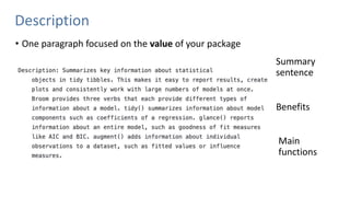 Description
• One paragraph focused on the value of your package
Summary
sentence
Benefits
Main
functions
 