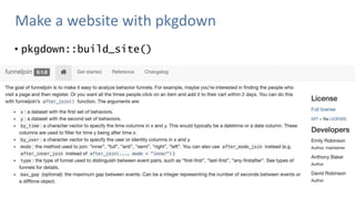 Make a website with pkgdown
• pkgdown::build_site()
 