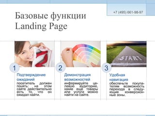 Базовые функции  Landing Page 1 2 3 Подтверждение  ожиданий посетитель должен понять: на этом сайте действительно есть то, что он ожидал найти.   Демонстрация возможностей информируйте це-левую аудиторию, какие еще товары или услуги можно найти на сайте.   Удобная навигация обеспечьте   покупа-телям возможность перехода в следу-ющие конверсион-ные зоны.  