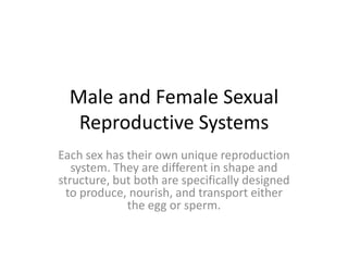 Male and Female Sexual
   Reproductive Systems
Each sex has their own unique reproduction
   system. They are different in shape and
structure, but both are specifically designed
  to produce, nourish, and transport either
             the egg or sperm.
 