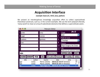 Acquisi:on	Interface	
	example:	basic	(cf.,	html,	Java,	python)	
86	
Making	Sense	of	Sense		
We	 present	 an	 interdiscipl...