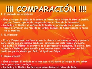 ¡¡¡¡ COMPARACIÓN !!!! El malvado de la historia : - Eros y Psique: la culpa de la cólera de Venus hacía Psique la tiene el pueblo, ya que fueron capaces de compararla con la Diosa de la hermosura. - La Bella y la Bestia: el enfado de la Bestia es producido por el padre de Bella al arrancar una rosa de su jardín, después de haber pasado la noche en su mansión.  2.  El oferente : - Eros y Psique: aquí, es Eros ya que le ofrece a su amada su casa y promete darle cariño con una mínima condición, condición que viola Psique una noche. - La Bella y la Bestia: el oferente es el protagonista masculino, la Bestia, éste le ofrece a Bella su gran mansión y un inmenso amor, también con una única condición que es violada por Bella, al igual que Psique. 3.  Quién ordena? : - Eros y Psique: El oráculo es el que dice a los padre de Psique lo que deben hacer para casar a su hija. - La Bella y la Bestia: La Bestia es quien decide el futuro de Bella. 