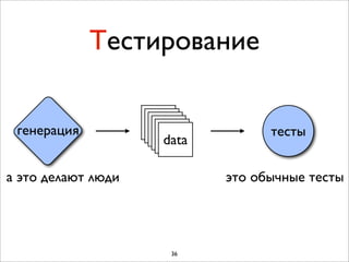 Тестирование

 генерация                       тесты
                    data

а это делают люди          это обычные тесты




                     36
 