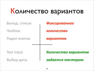 Количество вариантов
Выпад.  список         Фиксированное
Чекбокс                количество
Радио  кнопка          вариантов


Text  input            Количество  вариантов
Выбор  даты            задается  тестером

                       47
 