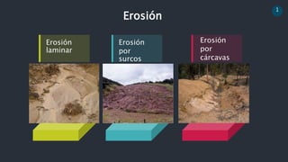 1
Erosión
Erosión
laminar
Erosión
por
surcos
Erosión
por
cárcavas
 