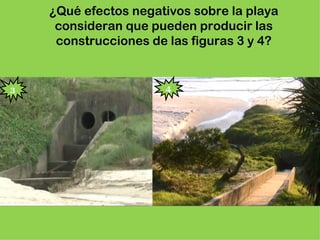 ¿Qué efectos negativos sobre la playa
     consideran que pueden producir las
     construcciones de las figuras 3 y 4?
                      

3                     4
 