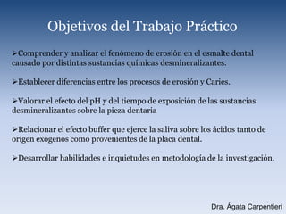 Objetivos del Trabajo PrácticoComprender y analizar el fenómeno de erosión en el esmalte dental causado por distintas sustancias químicas desmineralizantes.