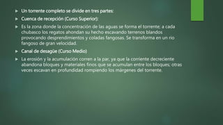  Un torrente completo se divide en tres partes:
 Cuenca de recepción (Curso Superior):
 Es la zona donde la concentración de las aguas se forma el torrente; a cada
chubasco los regatos ahondan su hecho escavando terrenos blandos
provocando desprendimientos y coladas fangosas. Se transforma en un rio
fangoso de gran velocidad.
 Canal de desagüe (Curso Medio)
 La erosión y la acumulación corren a la par, ya que la corriente decreciente
abandona bloques y materiales finos que se acumulan entre los bloques; otras
veces escavan en profundidad rompiendo los márgenes del torrente.
 