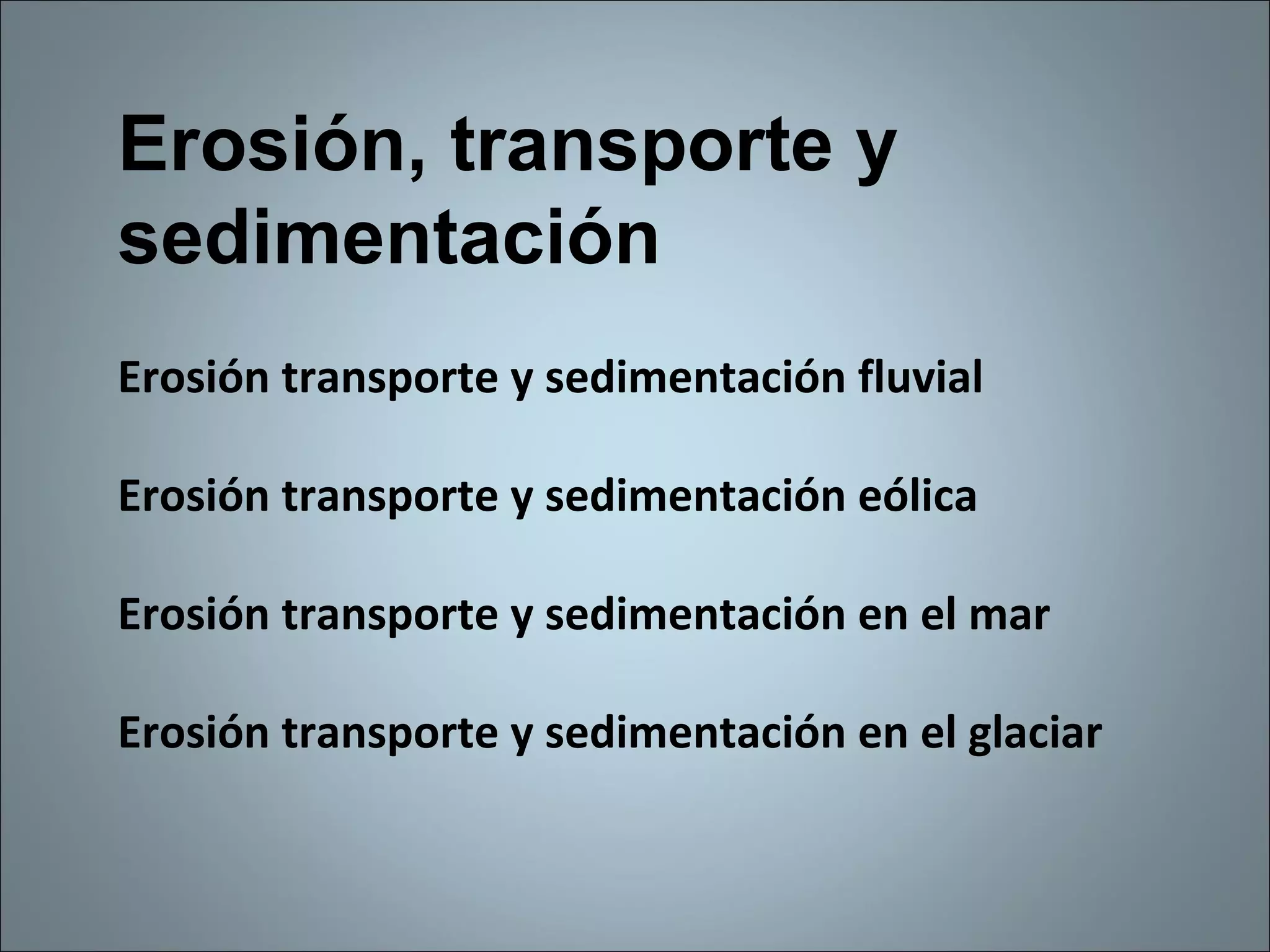 Erosión, transporte y sedimentación Erosión transporte y sedimentación fluvial Erosión transporte y sedimentación eólica Erosión transporte y sedimentación en el mar Erosión transporte y sedimentación en el glaciar