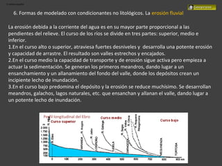 El relieve español
6. Formas de modelado con condicionantes no litológicos. La erosión fluvial
La erosión debida a la corriente del agua es en su mayor parte proporcional a las
pendientes del relieve. El curso de los ríos se divide en tres partes: superior, medio e
inferior.
1.En el curso alto o superior, atraviesa fuertes desniveles y desarrolla una potente erosión
y capacidad de arrastre. El resultado son valles estrechos y encajados.
2.En el curso medio la capacidad de transporte y de erosión sigue activa pero empieza a
actuar la sedimentación. Se generan los primeros meandros, dando lugar a un
ensanchamiento y un allanamiento del fondo del valle, donde los depósitos crean un
incipiente lecho de inundación.
3.En el curso bajo predomina el depósito y la erosión se reduce muchísimo. Se desarrollan
meandros, galachos, lagos naturales, etc. que ensanchan y allanan el valle, dando lugar a
un potente lecho de inundación.
Perfil longitudinal del Ebro
 