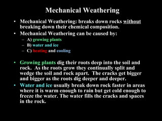 Mechanical Weathering Mechanical Weathering: breaks down rocks  without  breaking down their chemical composition. Mechanical Weathering can be caused by: A)  growing plants B)  water and ice C)  heating  and  cooling Growing plants  dig their roots deep into the soil and rock.  As the roots grow they continually split and wedge the soil and rock apart.  The cracks get bigger and bigger as the roots dig deeper and deeper. Water and ice  usually break down rock faster in areas where it is warm enough to rain but get cold enough to freeze the water. The water fills the cracks and spaces in the rock. 