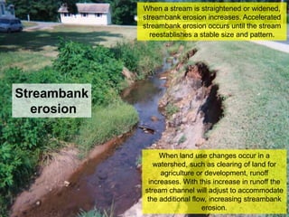 When a stream is straightened or widened,
             streambank erosion increases. Accelerated
             streambank erosion occurs until the stream
               reestablishes a stable size and pattern.




Streambank
  erosion


                   When land use changes occur in a
                 watershed, such as clearing of land for
                   agriculture or development, runoff
               increases. With this increase in runoff the
             stream channel will adjust to accommodate
              the additional flow, increasing streambank
                                 erosion.
 
