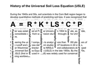 History of the Universal Soil Loss Equation (USLE)

During the 1940s and 50s, soil scientists in the Corn Belt region began to
develop quantitative methods of predicting soil loss. It was recognized that
a soil loss equation would be a valuable tool for farm planning. In 1946, a

A = R * K * LS * C * P
group of erosion specialists held a workshop in Ohio to reappraise the
factors previously used to predict erosion (slope and management) and
added a rainfall intensity factor. The National Runoff and Soil Loss Data
                                   Rainfall erosivity factor



                                                               Soil erodibility factor




                                                                                         Topgraphy factor




                                                                                                            Cover factor



                                                                                                                           Erosion control practices factor
 Predicted soil loss (tons/acre)




Center was established at Purdue University in 1954 to locate, assemble,
and consolidate data from soil erosion studies throughout the United
States.

Pioneering the use of computers to analyze more than 11,000 plot-years of
basic runoff and soil loss data from studies at 47 locations in 24 states,
Walter Wischmeier (director of the NRSLDC) and collaborators developed
the Universal Soil Loss Equation (USLE) in the late 1950s. By the 1970s,
the USLE (first introduced in 1958) was widely used for conservation
planning worldwide.
 