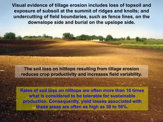 Visual evidence of tillage erosion includes loss of topsoil and
 exposure of subsoil at the summit of ridges and knolls; and
undercutting of field boundaries, such as fence lines, on the
       downslope side and burial on the upslope side.




     The soil loss on hilltops resulting from tillage erosion
    reduces crop productivity and increases field variability.


   Rates of soil loss on hilltops are often more than 10 times
       what is considered to be tolerable for sustainable
    production. Consequently, yield losses associated with
          these areas are often as high as 30 to 50%.
 