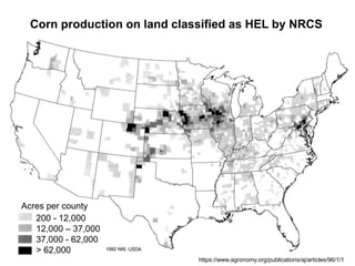 Corn production on land classified as HEL by NRCS




Acres per county
   200 - 12,000
   12,000 – 37,000
   37,000 - 62,000
   > 62,000
                              https://www.agronomy.org/publications/aj/articles/96/1/1
 