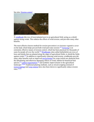 See also: Erosion control




A windbreak (the row of trees) planted next to an agricultural field, acting as a shield
against strong winds. This reduces the effects of wind erosion, and provides many other
benefits.

The most effective known method for erosion prevention is to increase vegetative cover
on the land, which helps prevent both wind and water erosion.[74] Terracing is an
extremely effective means of erosion control, which has been practiced for thousands of
years by people all over the world.[75] Windbreaks (also called shelterbelts) are rows of
trees and shrubs that are planted along the edges of agricultural fields, to shield the fields
against winds.[76] In addition to significantly reducing wind erosion, windbreaks provide
many other benefits such as improved microclimates for crops (which are sheltered from
the dehydrating and otherwise damaging effects of wind), habitat for beneficial bird
species,[77] carbon sequestration,[78] and aesthetic improvements to the agricultural
landscape.[79][80] Traditional planting methods, such as mixed-cropping (instead of
monocropping) and crop rotation have also been shown to significantly reduce erosion
rates.[81][82]
 