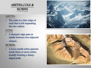 ARETES,COLS &
HORNS
ARETES:
• The arête is a thin ridge of
rock that is left separating
the two valleys.
COLS:
• A sharped-edge pass or
saddle between two adjacent
cirques.
HORNS:
• A horn results when glaciers
erode three or more arêtes,
usually forming a sharp-
edged peak.
 